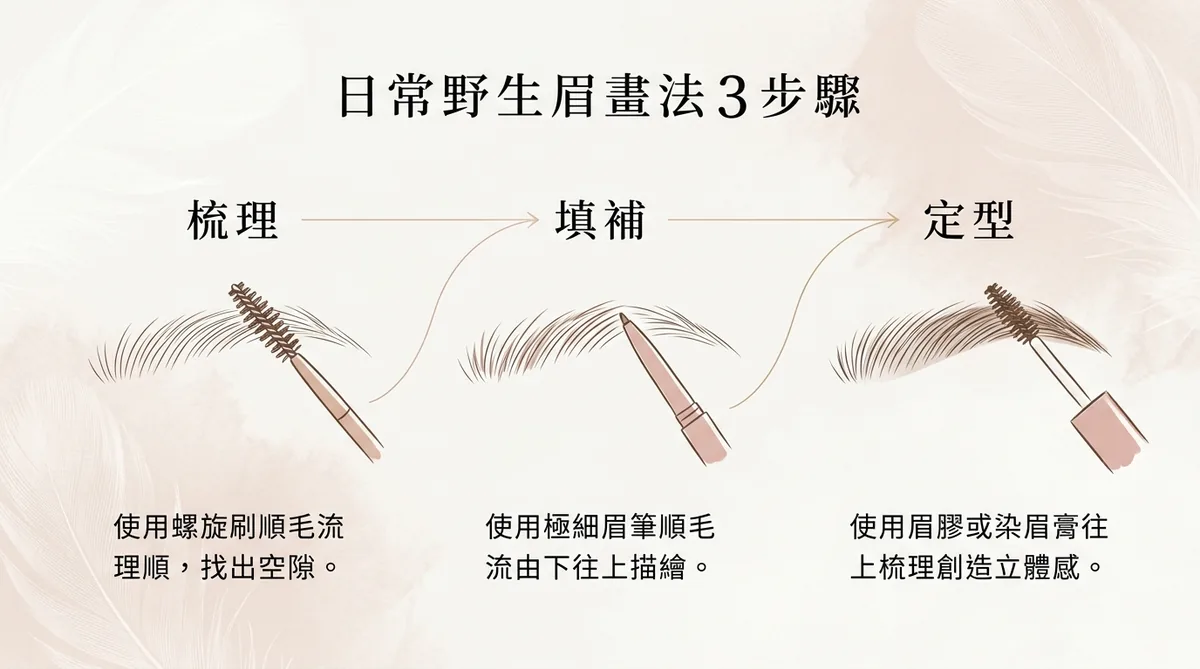日常野生眉畫法三大步驟流程圖，螺旋刷、極細眉筆與眉膠定型教學