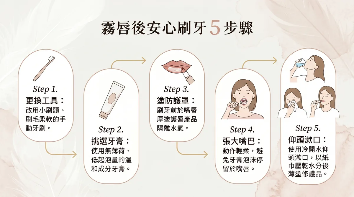 霧唇後刷牙教學流程，保護嘴唇的正確口腔清潔 5 步驟 