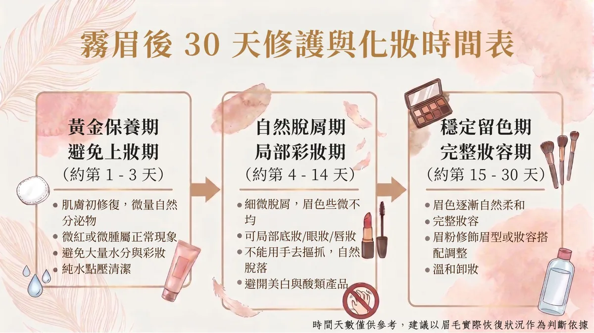 霧眉後 30 天三階段化妝與保養時間流程