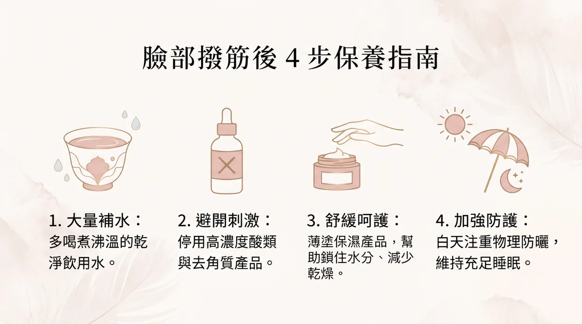 臉部撥筋後居家保養重點:多喝溫水,避開酸類,加強保濕呵護與物理防曬。